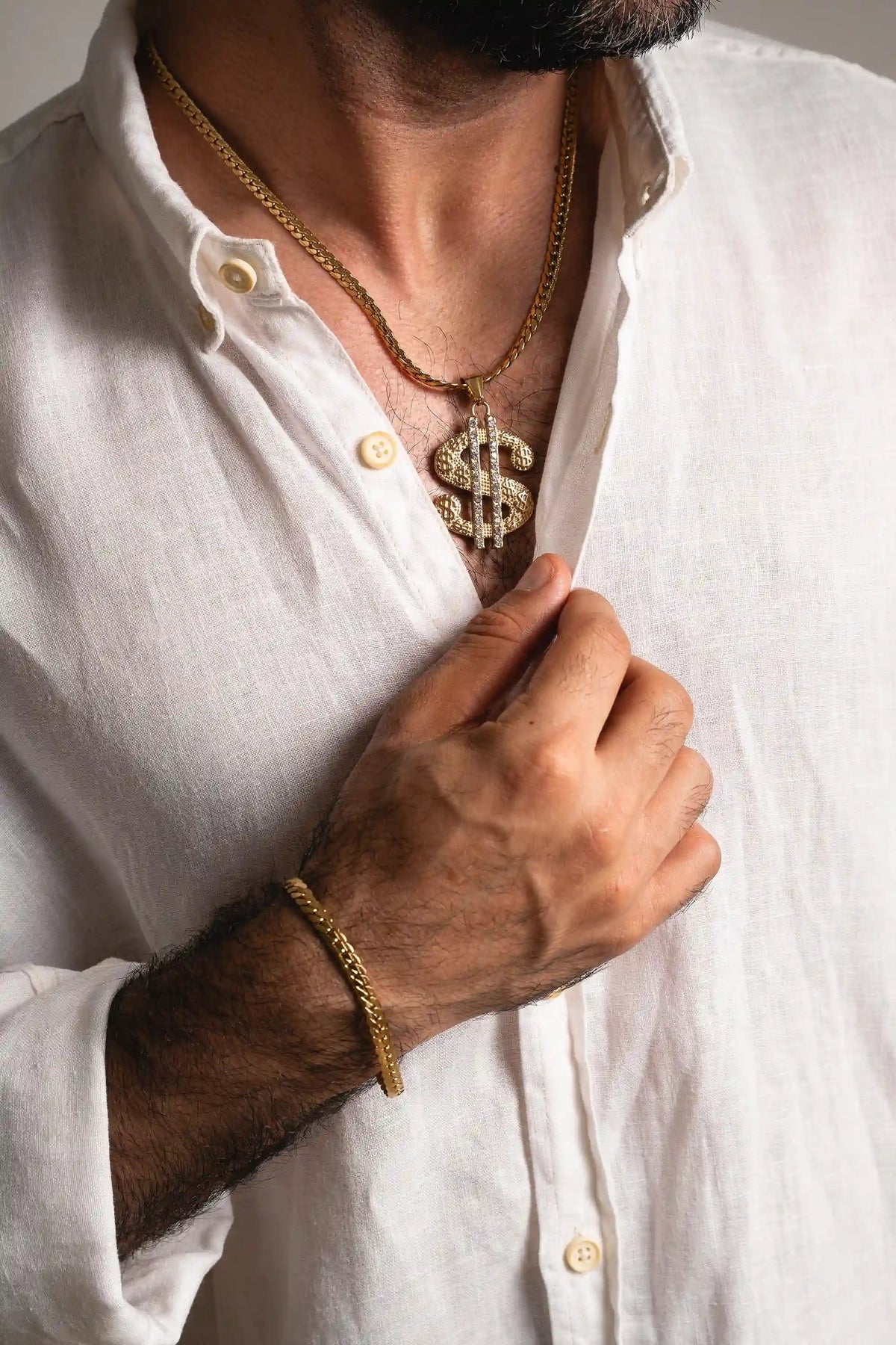 Set Triple Grabada Gold Dólar Piedras - Look completo cadena, pulsera y dije